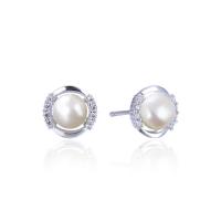 Sterling Silver Natural Pearl Stud Earring, 925 Sterling Silver, with Freshwater Pearl, platinum plated, with plastic earnut & micro pave cubic zirconia & for woman 