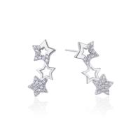 Sterling Silver Stud Earring, 925 Sterling Silver, Star, platinum plated, with plastic earnut & micro pave cubic zirconia & for woman 