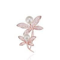 925 Sterling Silver Brooch, with Shell Pearl, rose gold color plated, micro pave cubic zirconia & for woman 