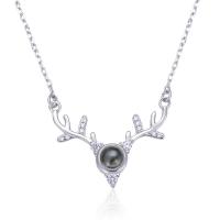 925 Sterling Silver Miniature Projection Necklace, with Crystal, with 30mm extender chain, Antlers, platinum plated, for woman Approx 16.3 Inch 