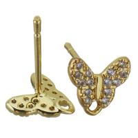 Латунный гвоздик для сережки, Латунь, бабочка, плакирован золотом, с обручом & инкрустированное микро кубического циркония 0.8mm, отверстие:Приблизительно 1.5mm, продается Пара