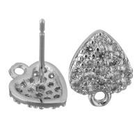 Brass Earring Stud Component, Heart, platinum plated, with loop & micro pave cubic zirconia 0.5mm Approx 1.5mm 