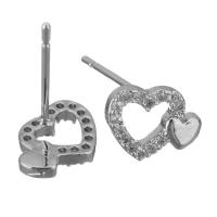 Brass Stud Earring, Heart, platinum plated, micro pave cubic zirconia & for woman 0.5mm 