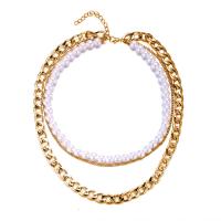 Fashion Multi Layer Necklace, Zinc Alloy, with Plastic Pearl, with 50mm extender chain, Round, gold color plated, three layers & Unisex & adjustable & rolo chain, golden mm 