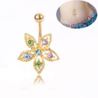 Stainless Steel Belly Ring, with Zinc Alloy, Flower, gold color plated, hypo allergic & for woman & with rhinestone 