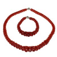 Natural Coral Jewelry Set, bracelet & necklace, brass box clasp, platinum color plated, 2 pieces & for woman, red, 3*3mm-6*6mm Approx 17.7 Inch, Approx 7.5 Inch 