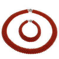 Natural Coral Jewelry Set, bracelet & necklace, brass box clasp, platinum color plated, 2 pieces & fashion jewelry & for woman, red, 3mm Approx 19.6 Inch, Approx 7.5 Inch 