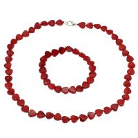 Natural Coral Jewelry Set, bracelet & necklace, brass lobster clasp, Flat Heart, platinum color plated, 2 pieces & for woman, red, 10*3mm Approx 19.6 Inch, Approx 7.5 Inch 