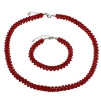 Natural Coral Jewelry Set, bracelet & necklace, brass lobster clasp, with 4.5cm extender chain, platinum color plated, 2 pieces & for woman, red, 3mm Approx 17.7 Inch, Approx 7.5 Inch 