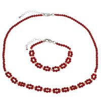 Natural Coral Jewelry Set, bracelet & necklace, brass lobster clasp, with 5cm extender chain, platinum color plated, 2 pieces & fashion jewelry & for woman, red, 4mm Approx 17.7 Inch, Approx 7.5 Inch 