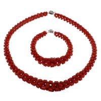 Natural Coral Jewelry Set, bracelet & necklace, brass box clasp, platinum color plated, 2 pieces & for woman, red, 3*3mm-6*6mm Approx 17.7 Inch, Approx 7.5 Inch 