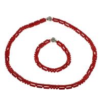 Natural Coral Jewelry Set, bracelet & necklace, brass box clasp, platinum color plated, 2 pieces & for woman, red, 9*3mm Approx 17.7 Inch, Approx 7.5 Inch 