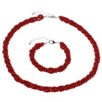 Natural Coral Jewelry Set, bracelet & necklace, brass lobster clasp, with 5cm extender chain, platinum color plated, 2 pieces & fashion jewelry & for woman, red, 4mm Approx 17.7 Inch, Approx 7.5 Inch 