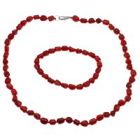 Natural Coral Jewelry Set, bracelet & necklace, brass lobster clasp, platinum color plated, 2 pieces & for woman, red, 7*6*6mm-8*7*6mm Approx 17.7 Inch, Approx 7.5 Inch 