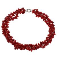 Collar de Coral natural, latón cierre de anillo de primavera, chapado en color de platina, para mujer & 3-aro, Rojo, 7*5mm-11*7mm, longitud:aproximado 19.6 Inch, Vendido por Sarta