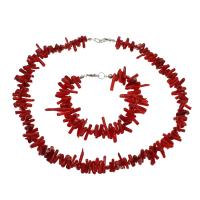 Natural Coral Jewelry Set, bracelet & necklace, brass lobster clasp, platinum color plated, 2 pieces & for woman, red, 11*4mm-22*4mm Approx 18.9 Inch, Approx 7.5 Inch 