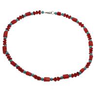 Natural Coral Necklace, with Synthetic Turquoise, brass lobster clasp, platinum color plated, for woman, red, 9*7mm-15*9mm Approx 19.6 Inch 