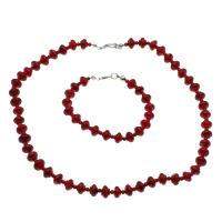 Natural Coral Jewelry Set, bracelet & necklace, brass lobster clasp, Lantern, platinum color plated, 2 pieces & for woman, red, 9*7mm Approx 19.6 Inch, Approx 7.5 Inch 