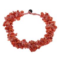 Natural Coral Necklace, with Nylon Cord & Black Agate, brass lobster clasp, Nuggets, for woman, reddish orange, 8*5mm-22*7mm Approx 18.9 Inch 