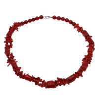 Natural Coral Necklace, brass lobster clasp, platinum color plated, fashion jewelry & for woman, red, 15*11mm-15*12mm,9mm Approx 19.6 Inch 