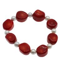 Korallen-Perlen-Armband, Koralle, mit Natürliche kultivierte Süßwasserperlen, für Frau, rot, 16*13*12mm-17*15*11mm, Länge:ca. 7.5 ZollInch, verkauft von Strang