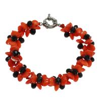 Bracelets corail naturels, avec agate noire, laiton Fermoir ronds à ressort, Placage de couleur platine, pour femme, orange rougeâtre, 8*4mm Environ 7.5 pouce, Vendu par brin