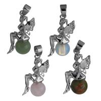 Gemstone Brass Pendants, with Gemstone, Angel, silver color plated Approx 