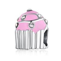 Enamel Zinc Alloy European Beads, Cake, silver color plated, with rhinestone, pink, 10-15mm Approx 4-4.5mm 
