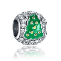 Enamel Zinc Alloy European Beads, Round, silver color plated, with rhinestone, green, 10-15mm Approx 4-4.5mm 