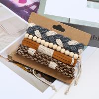 Waxed Cotton Cord Bracelet Set, with Faux Leather & Linen & PU Leather & Wood, 4 pieces & Adjustable & Unisex, 180mm 