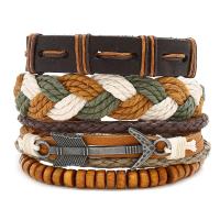 Waxed Cotton Cord Bracelet Set, with Faux Leather & Linen & Wood, Adjustable & three pieces & Unisex, 180mm 