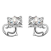 Sterling Silver Stud Earring, 925 Sterling Silver, Cat, plated, micro pave cubic zirconia & for woman, silver color 