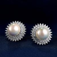 Sterling Silver Stud Earring, 925 Sterling Silver, with Shell Pearl, polished, with plastic earnut & micro pave cubic zirconia & for woman 