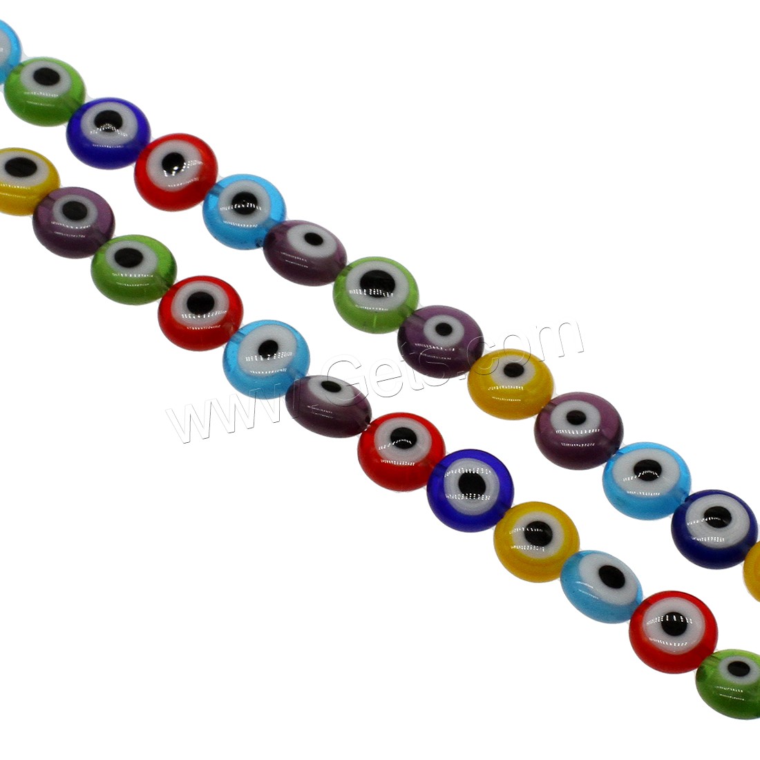 Böser Blick Lampwork Perlen, flache Runde, böser Blick- Muster & verschiedene Größen vorhanden, gemischte Farben, Bohrung:ca. 0.8mm, verkauft von Strang