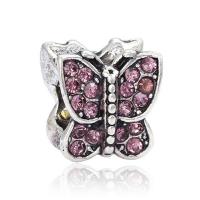 Rhinestone Zinc Alloy European Beads, Butterfly, antique silver color plated, with rhinestone, pink, 10-15mm Approx 4-4.5mm 