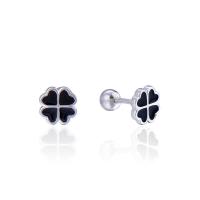 Sterling Silver Stud Earring, 925 Sterling Silver, Four Leaf Clover, polished, for woman & enamel, silver color 