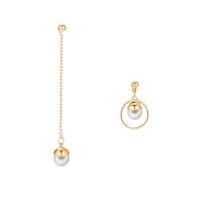 Zinklegierung asymmetrische Ohrringe, mit ABS-Kunststoff-Perlen, Edelstahl Stecker, goldfarben plattiert, für Frau, 90*10mm,32*19mm, verkauft von Paar