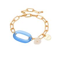 Brass Bracelets, with Acrylic, with 3cm extender chain, gold color plated, oval chain & for woman, blue Approx 10.8 Inch 