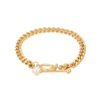 Brass Bracelets, with ABS Plastic Pearl, gold color plated, curb chain & for woman Approx 8.2 Inch 