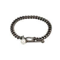 Brass Bracelets, with ABS Plastic Pearl, plumbum black color plated, curb chain & for woman Approx 8.2 Inch 
