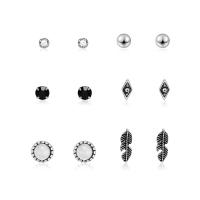 Zinc Alloy Rhinestone Stud Earring, with ABS Plastic Pearl & Resin, stainless steel post pin, platinum color plated, 6 pieces & for woman & with rhinestone & blacken 