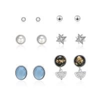 Zinc Alloy Rhinestone Stud Earring, with ABS Plastic Pearl & Resin, stainless steel post pin, platinum color plated, 6 pieces & for woman & with rhinestone 