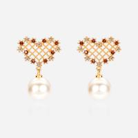 Rhinestone Brass Drop Earring, with ABS Plastic Pearl, gold color plated, for woman & with rhinestone, 19*26mm 