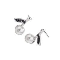 Sterling Silver Stud Earring, 925 Sterling Silver, with Shell Pearl, antique silver color plated, for woman & with rhinestone 