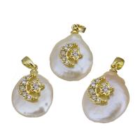 Cultured Freshwater Pearl Brass Pendant, with Freshwater Pearl, Moon and Star, gold color plated, fashion jewelry & micro pave cubic zirconia, 14.5-15.5x19.5-22x8-10mm Approx 