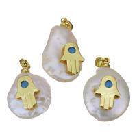 Cultured Freshwater Pearl Brass Pendant, with Freshwater Pearl, Hamsa, gold color plated, fashion jewelry & micro pave cubic zirconia, 14-15.5x20-24x9-9.5mm Approx 