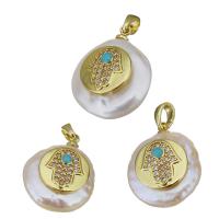 Cultured Freshwater Pearl Brass Pendant, with Freshwater Pearl, Hamsa, gold color plated, fashion jewelry & micro pave cubic zirconia, 15.5-16.5x19.5-21x7.5-9.5mm Approx 