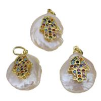 Cultured Freshwater Pearl Brass Pendant, with Freshwater Pearl, Hamsa, gold color plated, fashion jewelry & micro pave cubic zirconia, 15-15.5x20.5-21.5x9-10mm Approx 