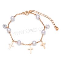 Stainless Steel Chain Bracelets, with Plastic Pearl, plated, Adjustable & fashion jewelry & for woman & with rhinestone, rose gold color, 10.5mm Approx 6.29 Inch 