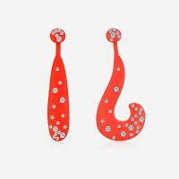 Zinc Alloy Asymmetric Earrings, stainless steel post pin, for woman & with rhinestone, red, 21*48mm 